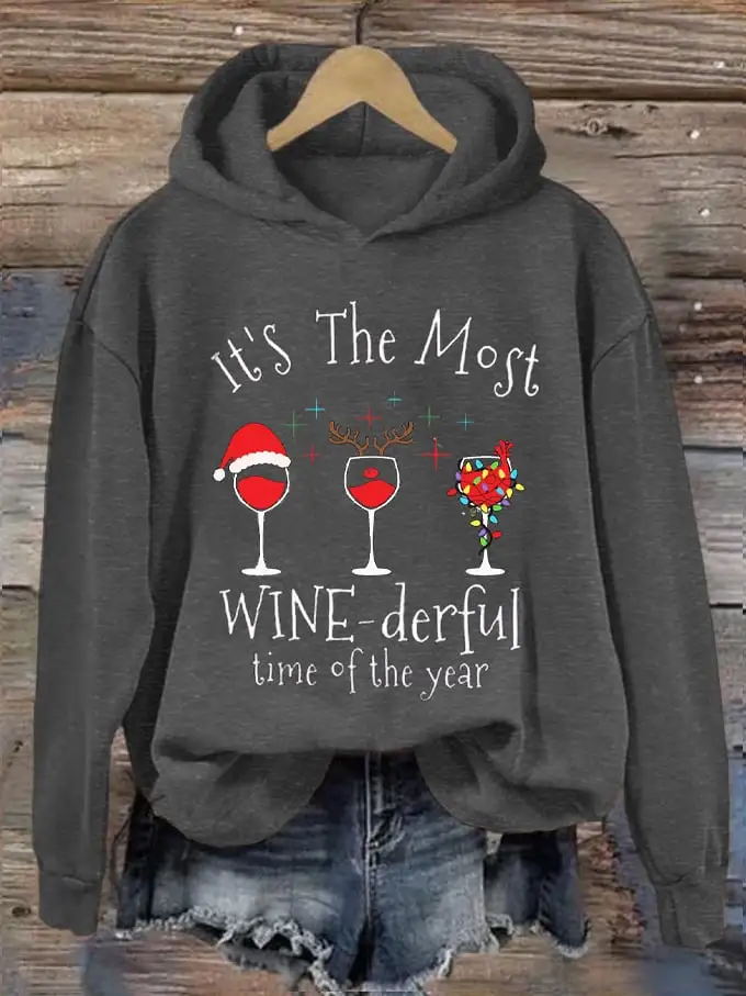 Women's Christmas It's The Most Wine-derful Time of The Year Printed Hooded Sweatshirt