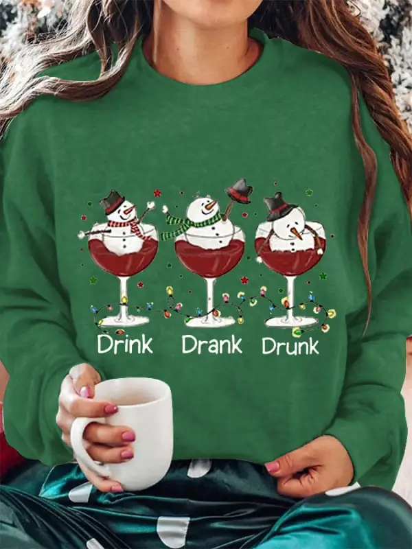 Women's Funny Christmas Drink Drank Drunk Snowman Red Wine Glass Casual Sweatshirt