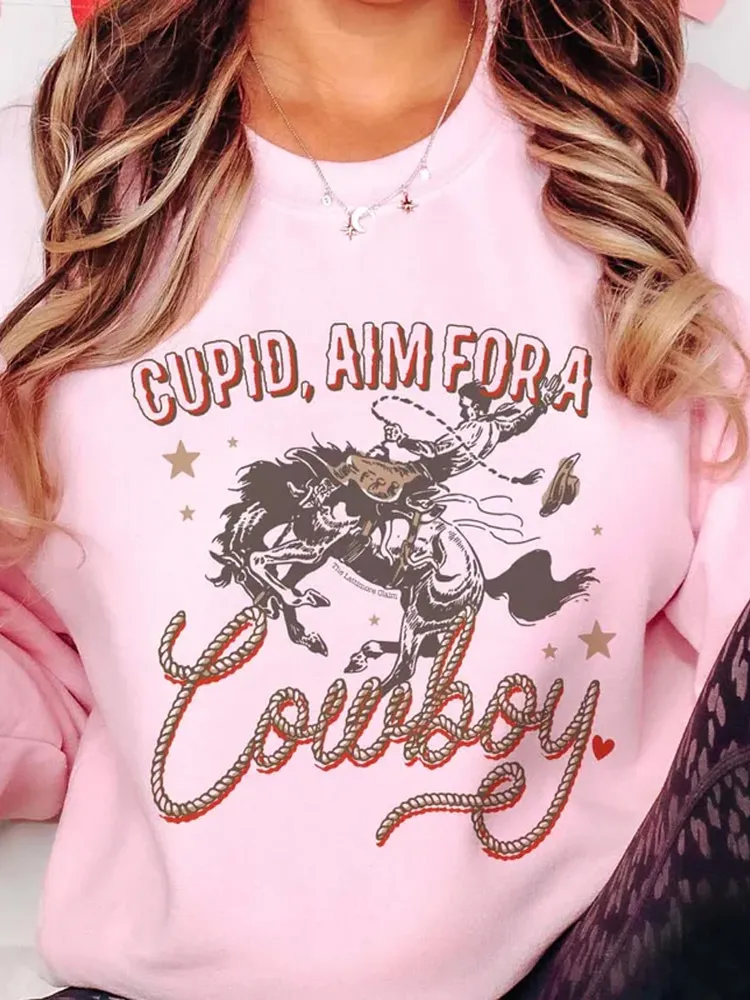 Cupid, Aim For A Cowboy Long Sleeve Graphic Sweatshirt