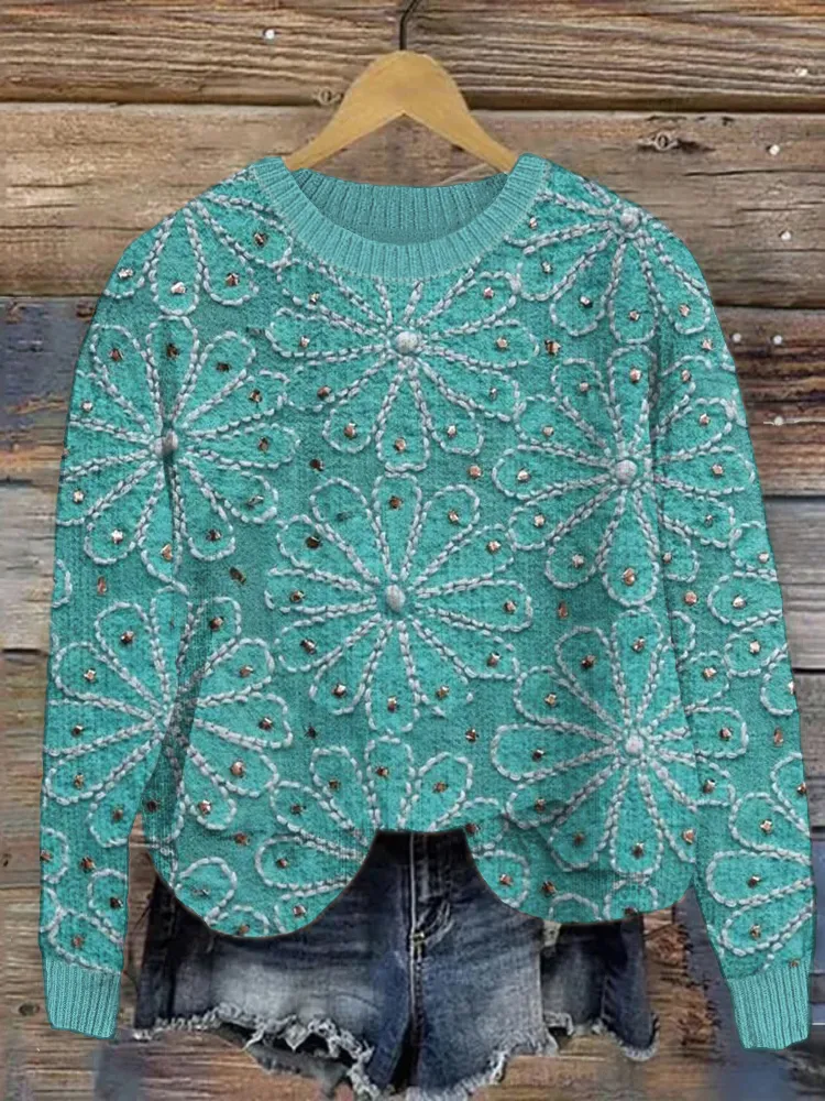 Turquoise Color Floral Embroidery Pattern Knit Sweater