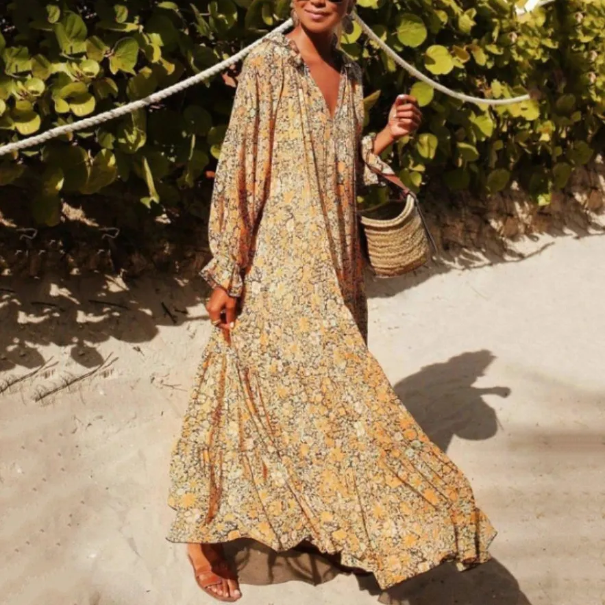 Floral Bohemian V Neck Long Sleeve Maxi Dress