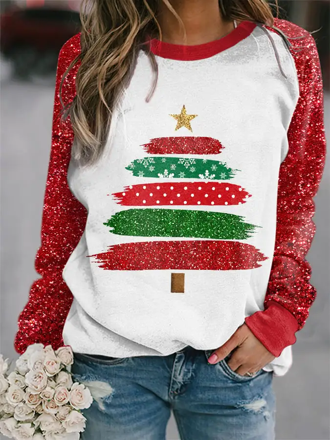 Women's Glitter   Tree Print Sweatshirt