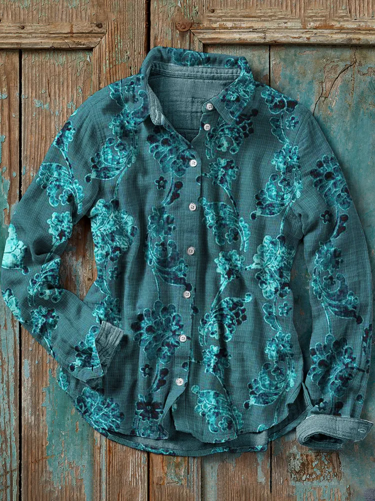 Turquoise Floral Velvet Art Casual Blouse