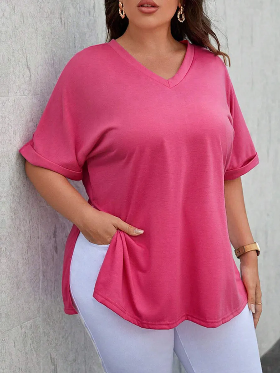 V Neck Cuffed Dolman Sleeve Split Hem Tee