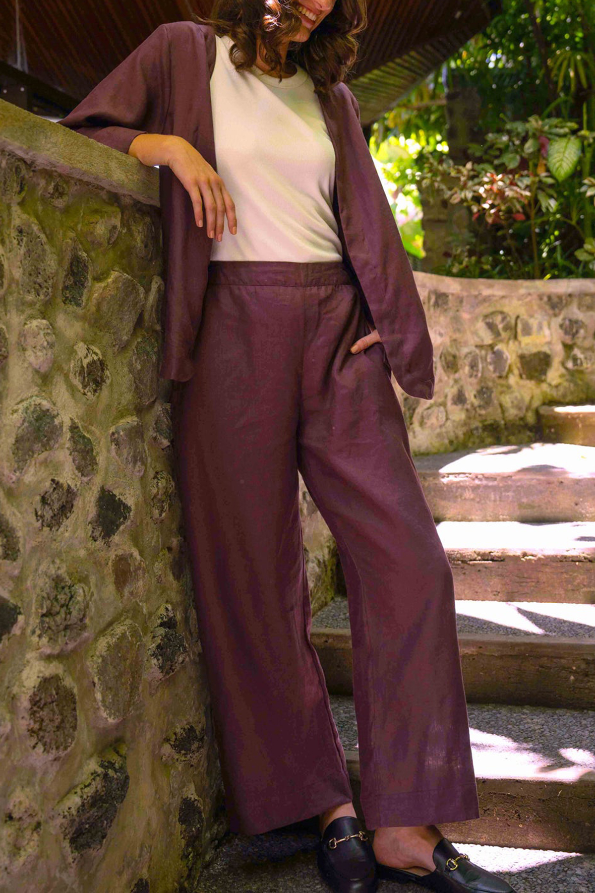 Camille Linen Wide Leg Pant in Plum