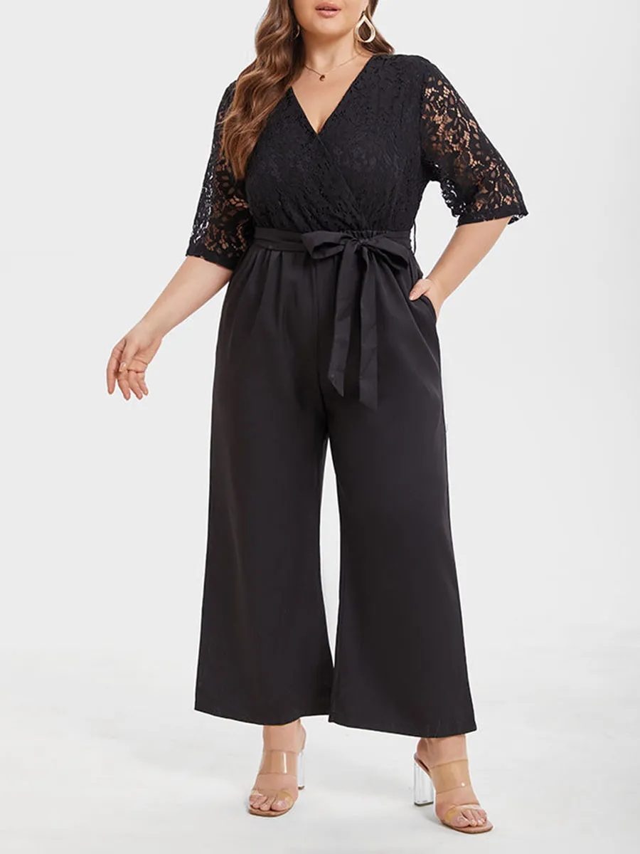 Contrast Lace Pocket Belted Jumpsuit