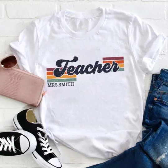 Personalized Grade And Name Retro Horizontal Stripes Teacher T-Shirt