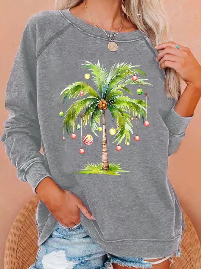 Women'S Casual Christmas Palm Tree Printed Long Sleeve Sweatshirt