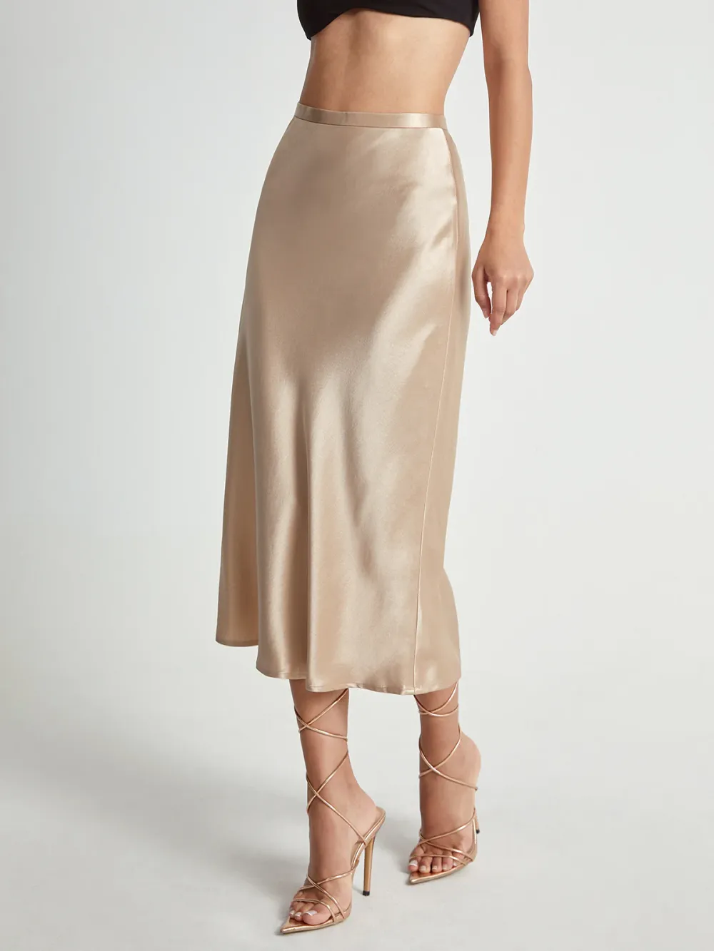 High Waisted Satin Flowy Midi Skirt