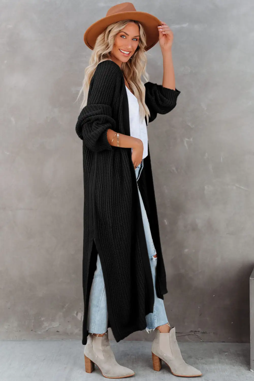 Open Front Side Slit Duster Knit Cardigan