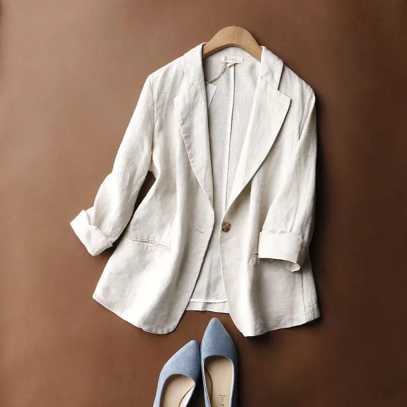 Thin 3/4-sleeve one-button linen blazer