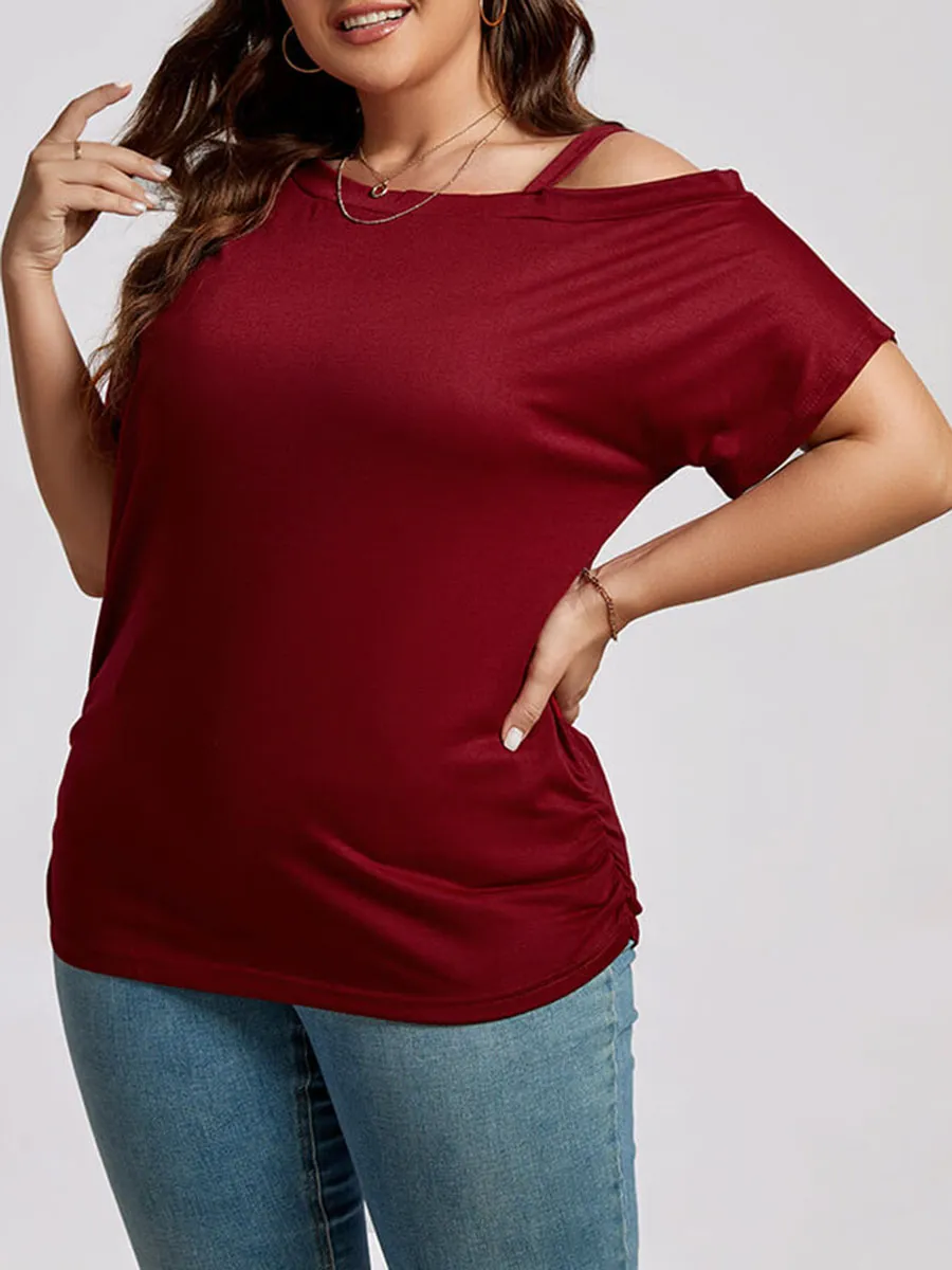 Plus Wine Red Cold Shoulder Batwing Sleeve Ruched Tee