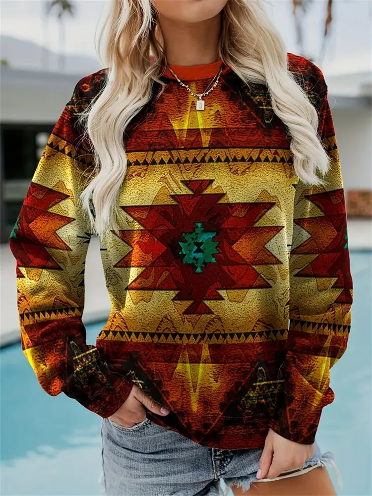 Aztec Print Crew Neck Pullover Sweatshirt