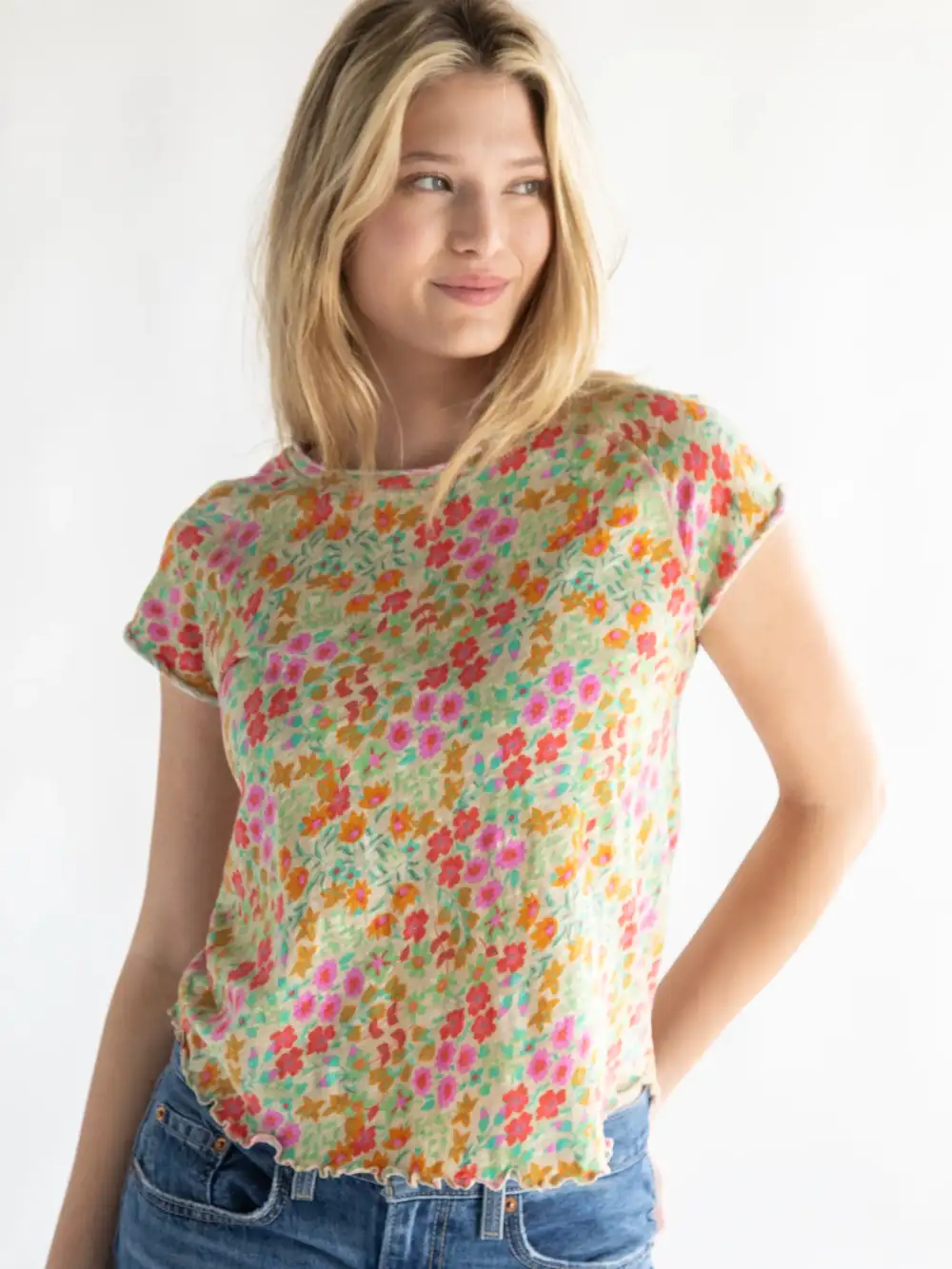 Lily Knit Cotton Tee Shirt - Mustard Coral Floral