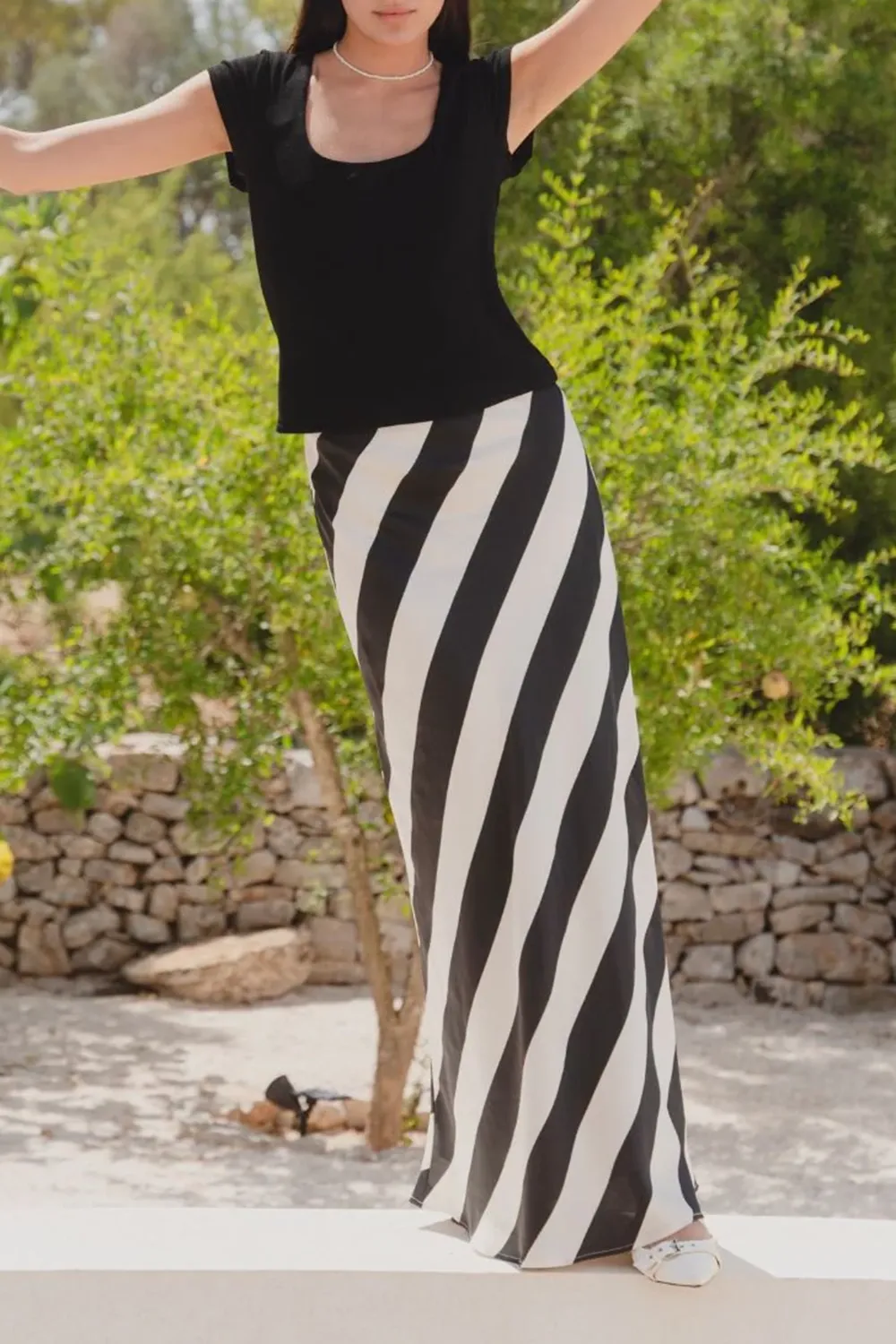 Fiery Black Stripe Satin Bias Maxi Skirt