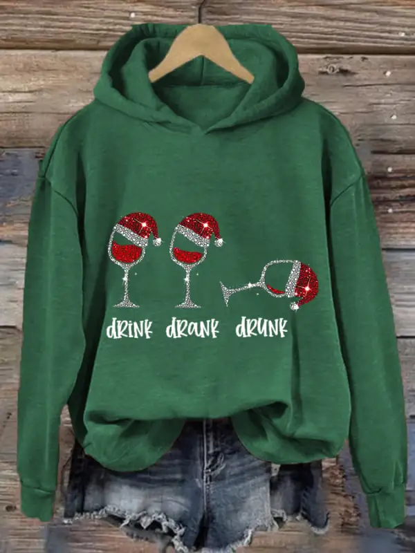 Women's Funny Christmas Drink Drank Drunk Red Wine Glass Casual Hoodie