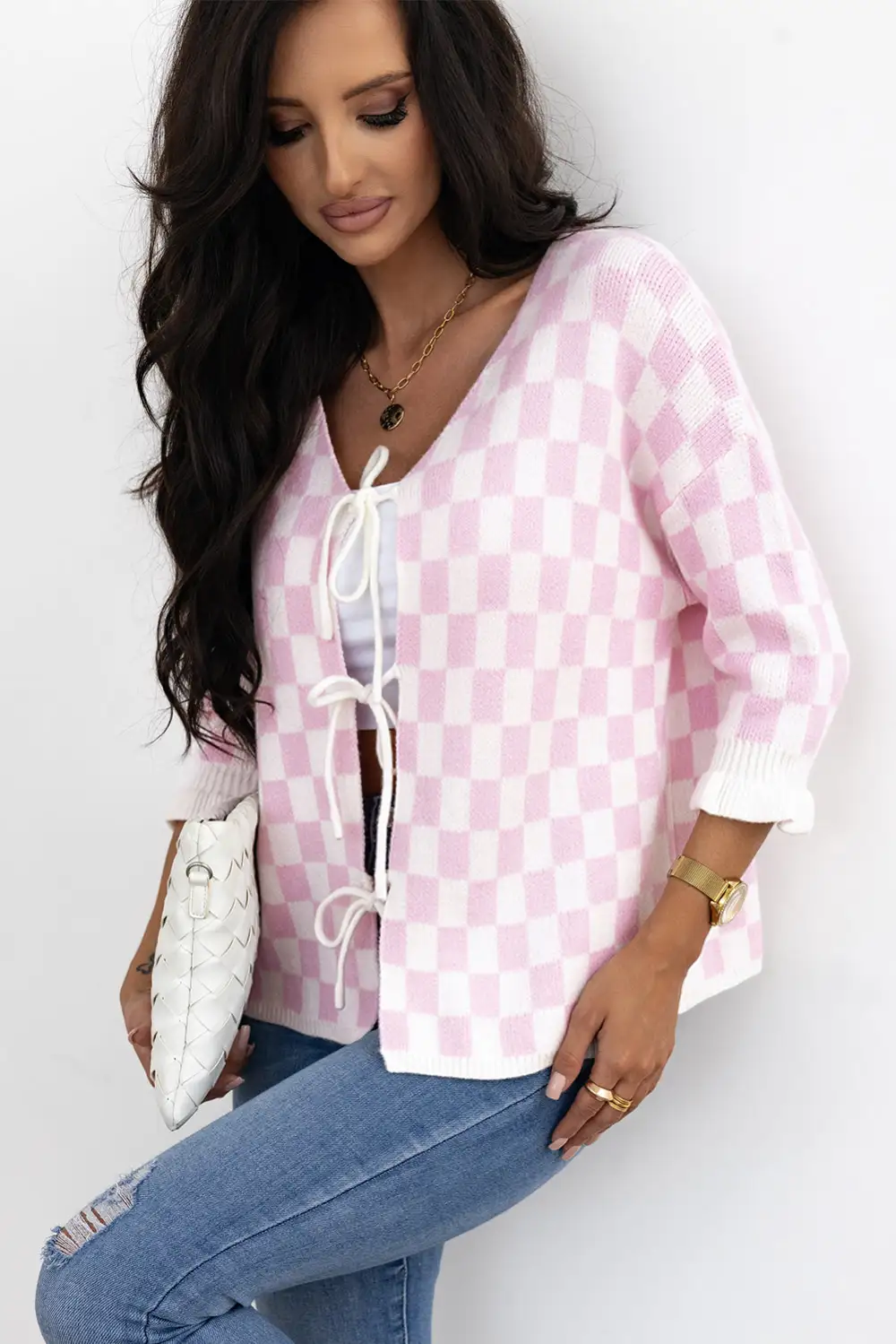 Light Pink Checkered Knitted Lace-up Ruffled 3/4 Sleeve Cardigan