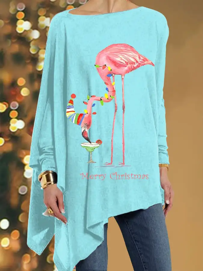 Women's Merry   Flamingo Print Irregular Top