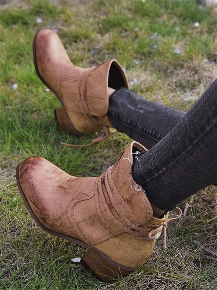 Laced Washed Leather Patchwork Ankle Boots