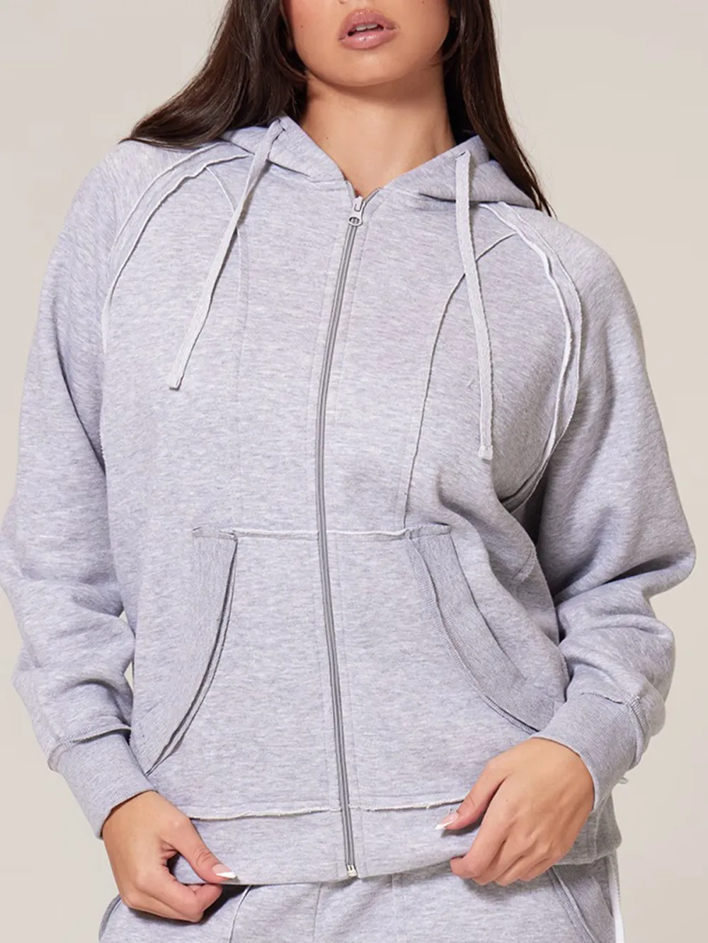 Grey Marl Exposed Seam Detail Zip Up Hoodie