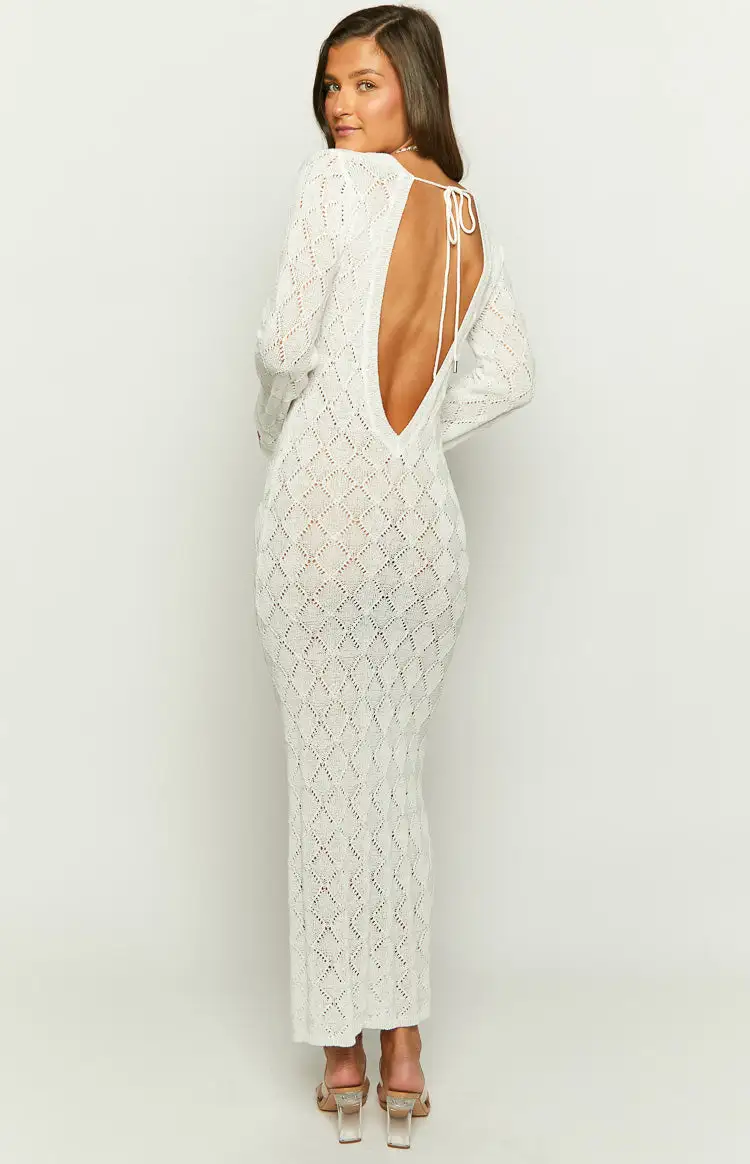 Drea White Backless Knit Maxi Dress