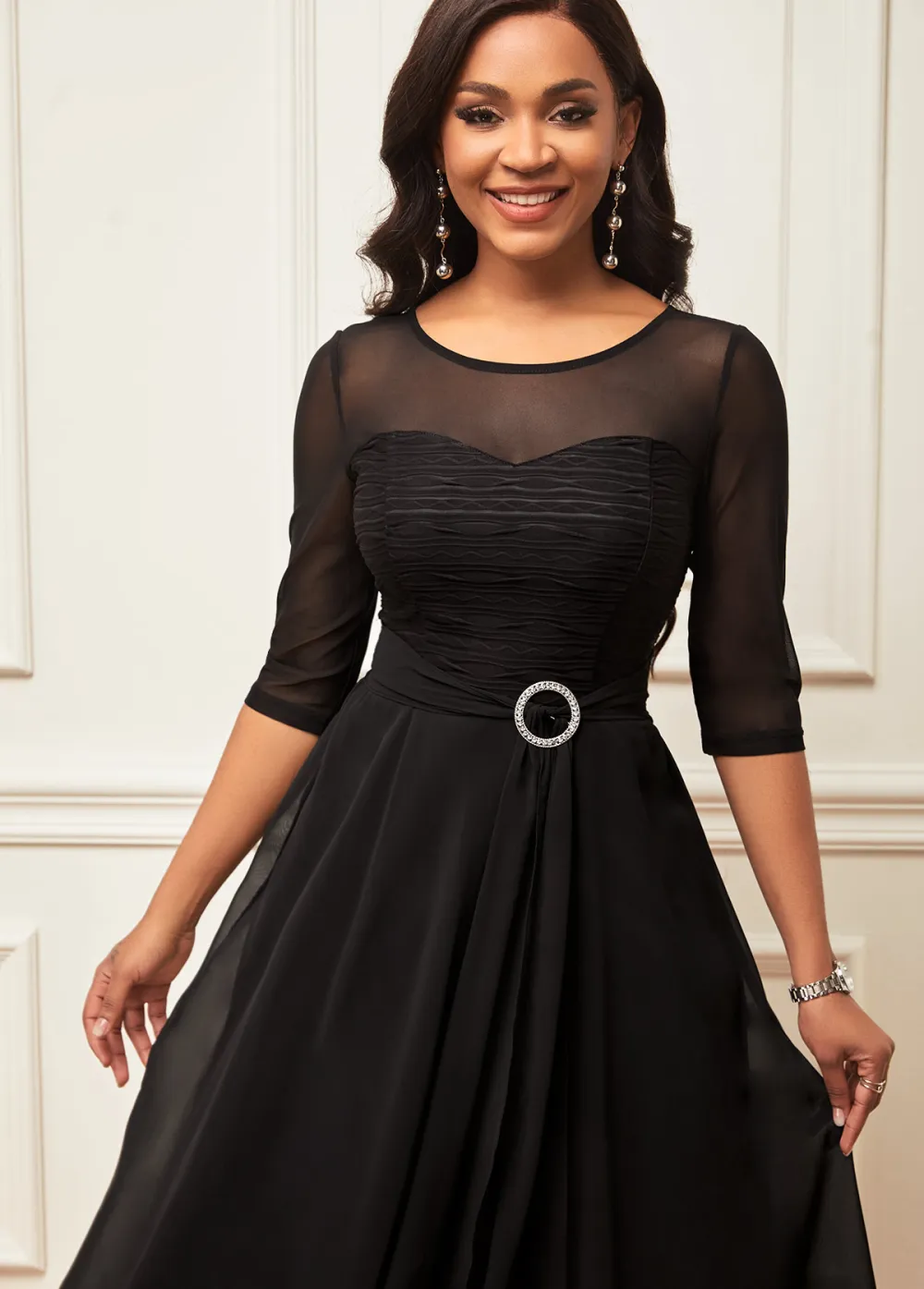 Layered Hem Chiffon 3/4 Sleeve Black Dress