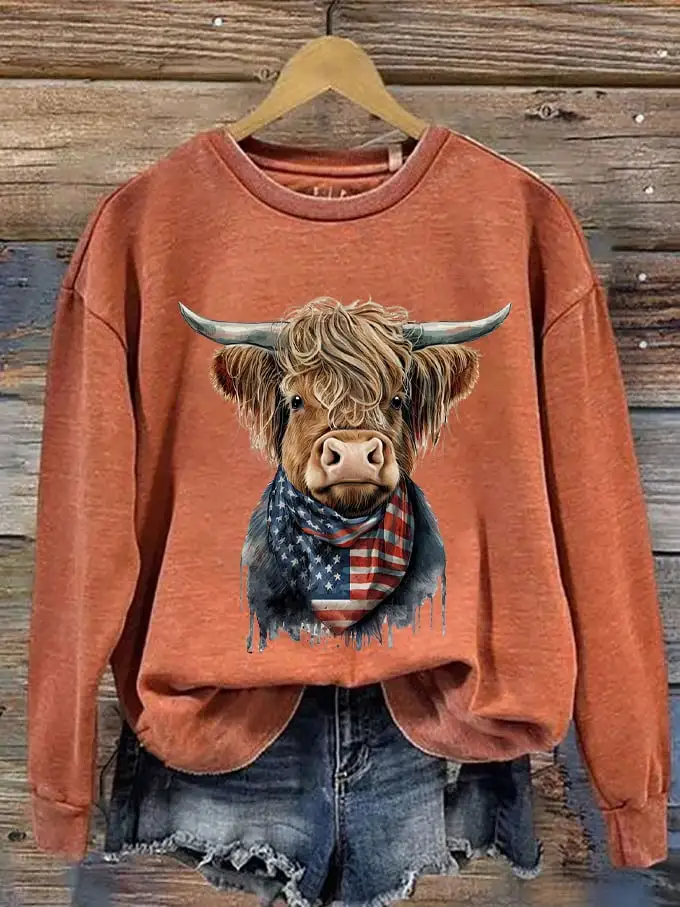 🔥Buy 3 Get 10% Off🔥🔥Buy 3 Get 10% Off🔥Women's Western F Highland Cow Flag Print Sweatshirt