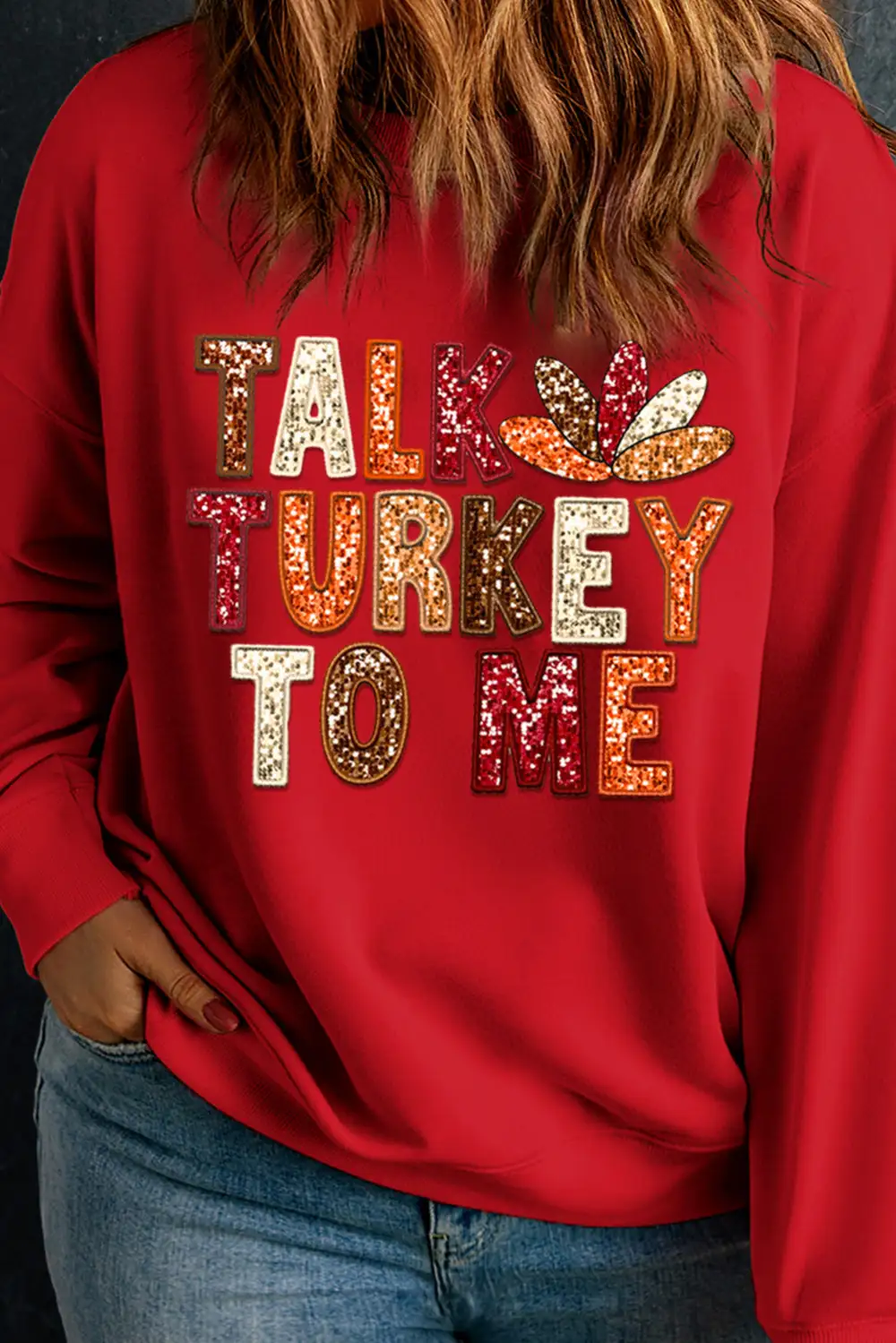 Racing Red Talk Turkey To Me Heat Transfer Graphic Plus Size Sweatshirt