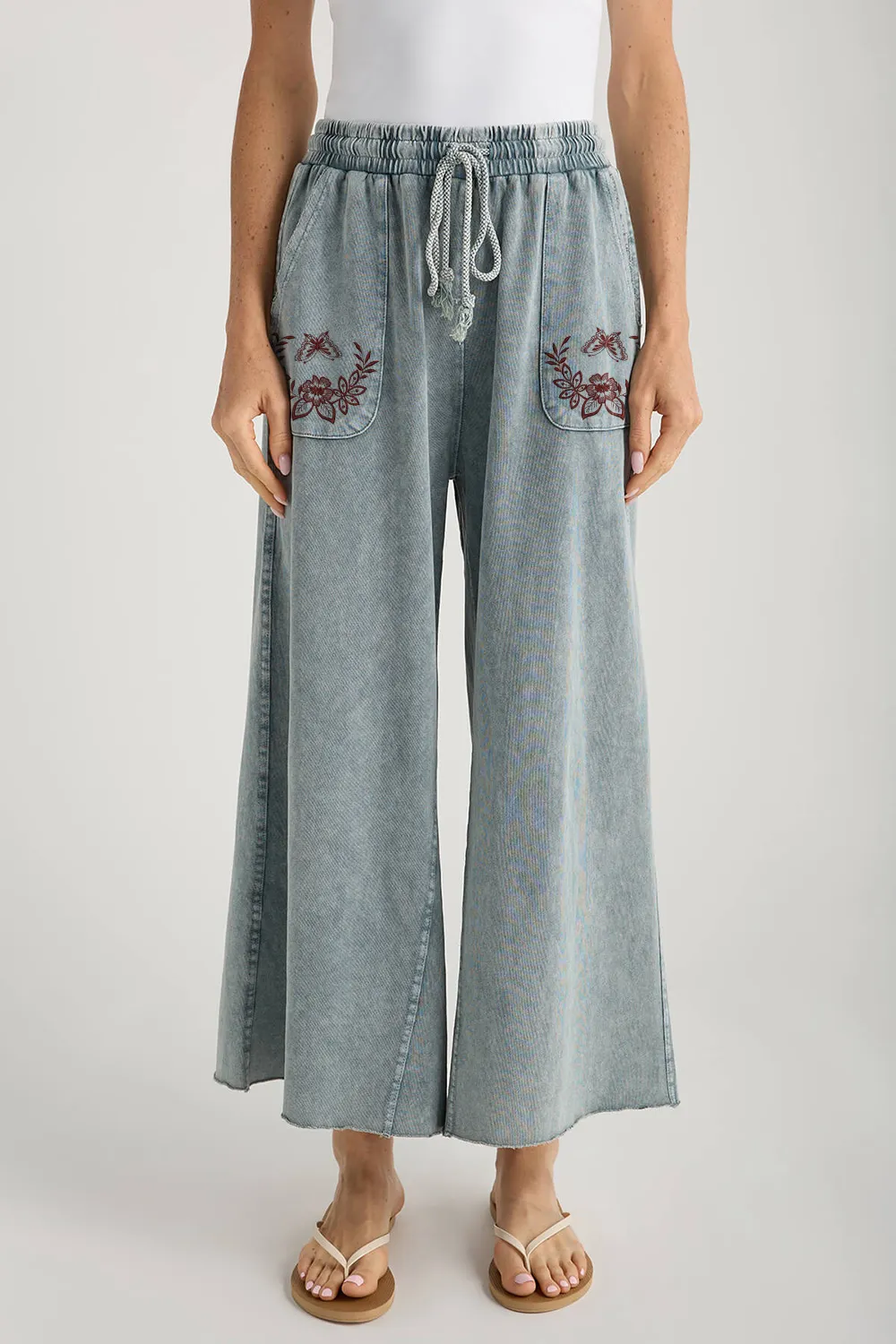 Wide Leg Knit Pants - faded teal