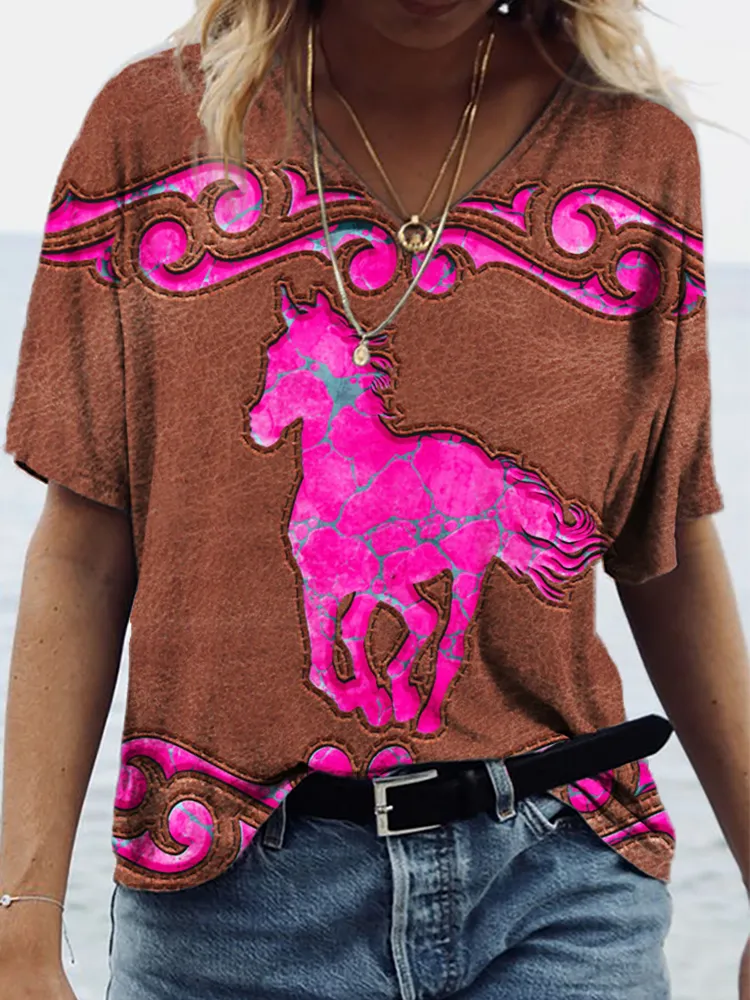 Western Leather Appearance Horse Graphic V Neck T Shirt