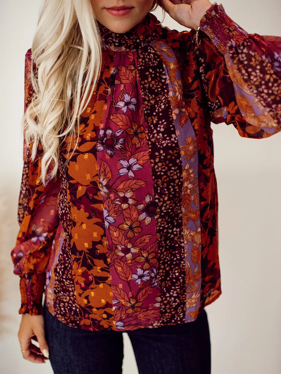 High neck autumn floral pattern shirt