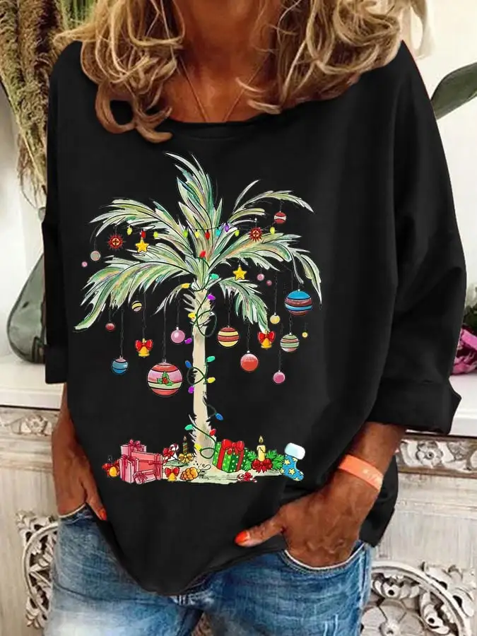 Women's Christmas Palm Tree Print Casual Sweatshirt