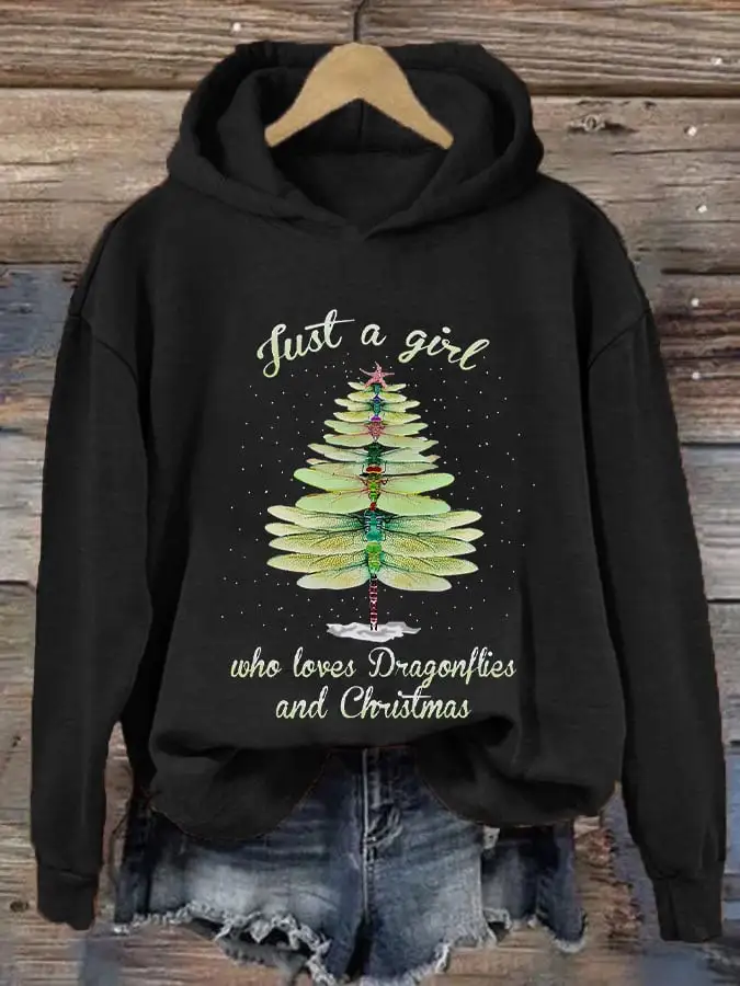 Women's Merry ChristmasJust A Girl Who Loves Dragonflies And Christmas Printing Casual Hoodie