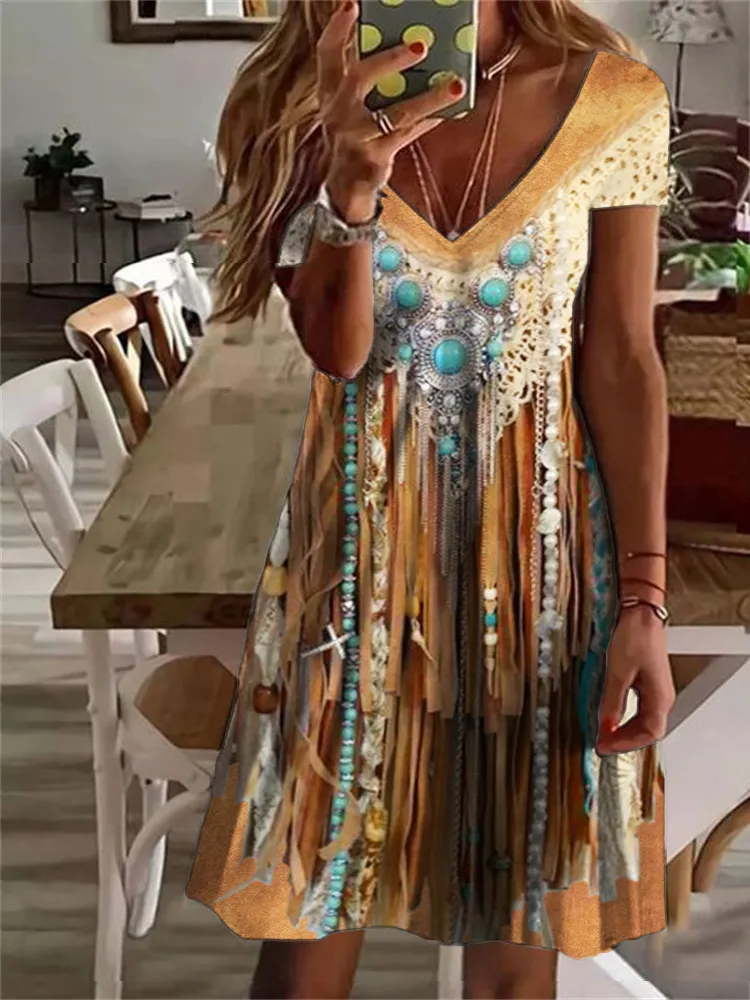 Western Turquoise Fringe Lace Mini Dress