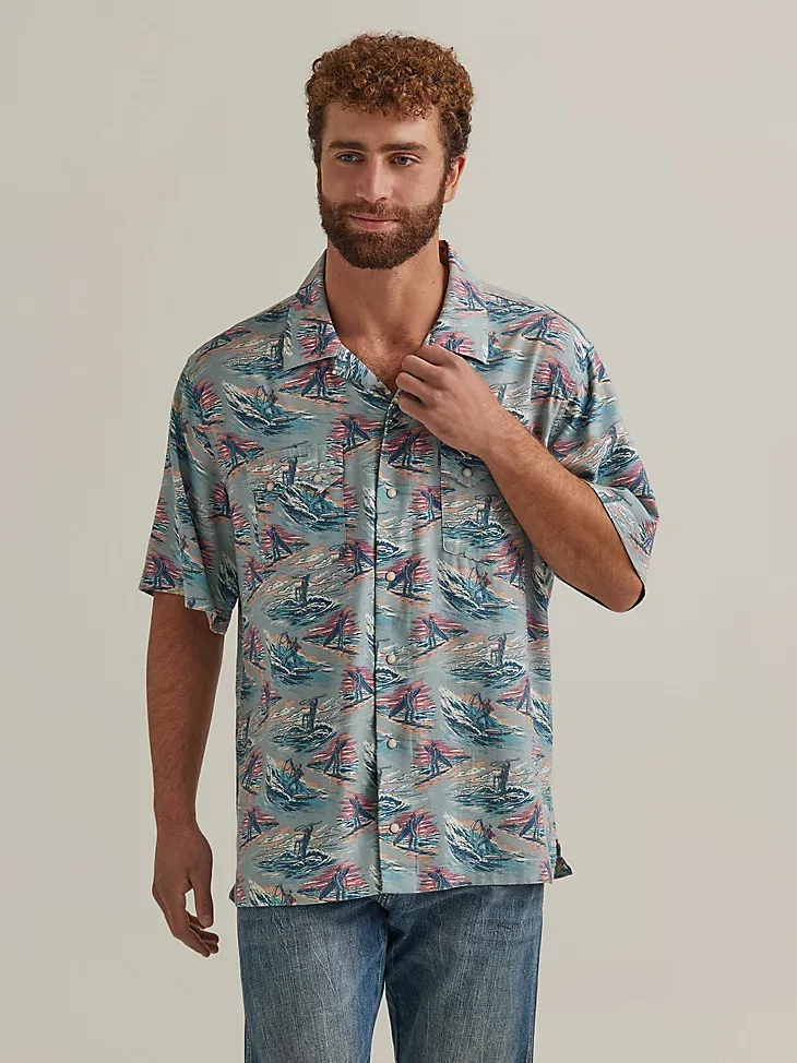 WRANGLER® COCONUT COWBOY SNAP FRONT CAMP SHIRT IN HIBISCUS ON TAN