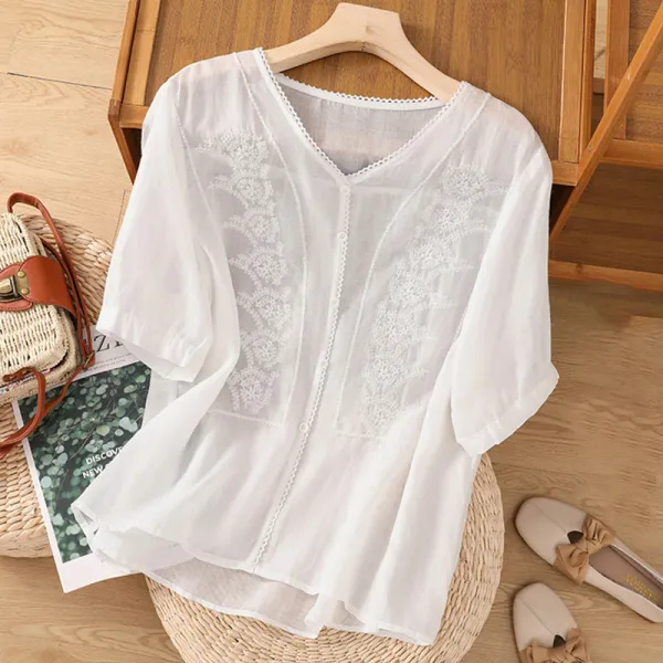 4 Colors Embroidered Vintage Cotton Linen Shirt