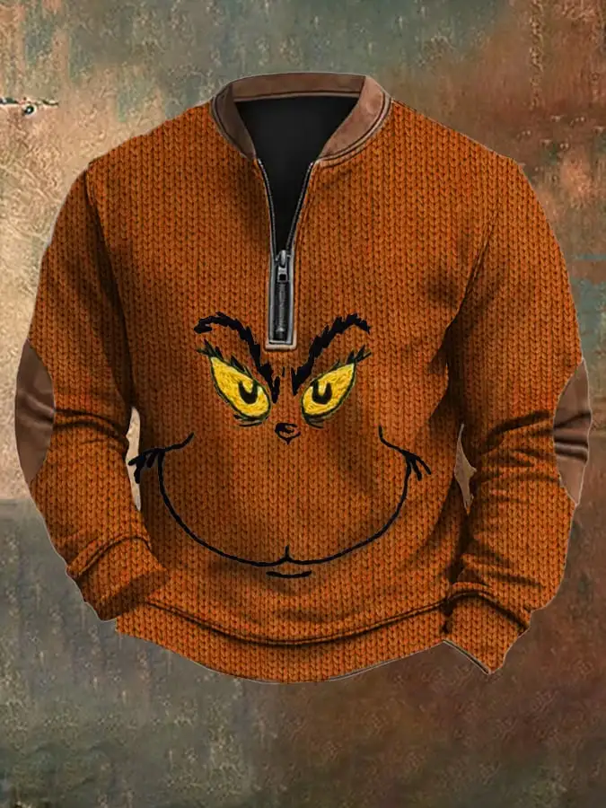 Men's Woolen Christmas Print Zip-Up Sweatshirt