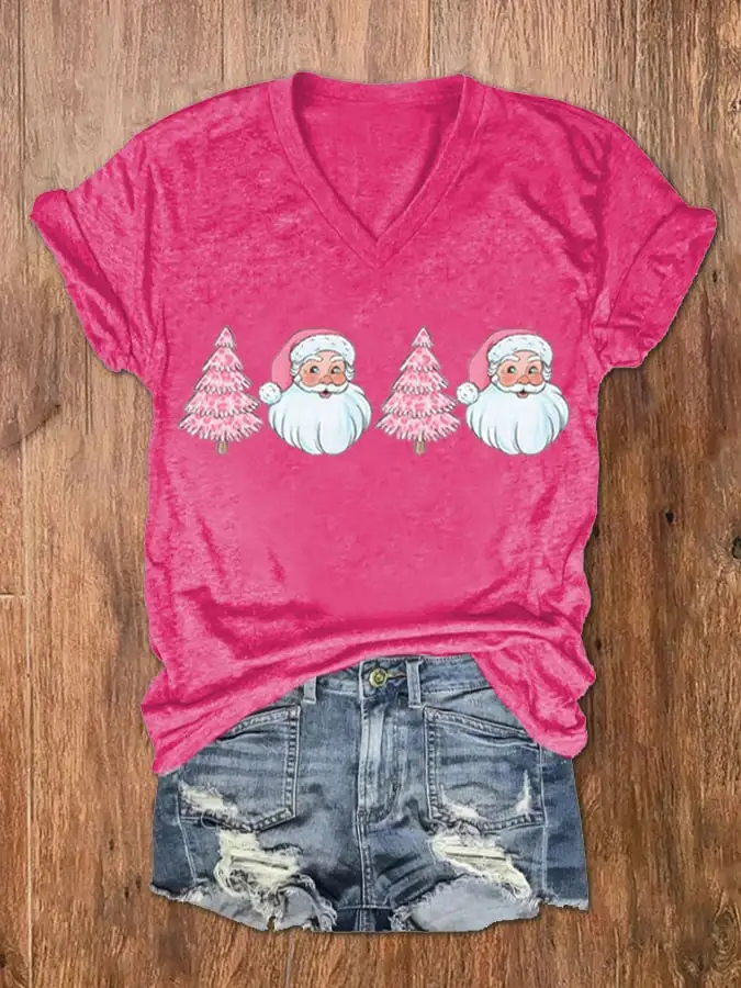 Women's Santa   Tree Print V-Neck Short Sleeve T-Shirt