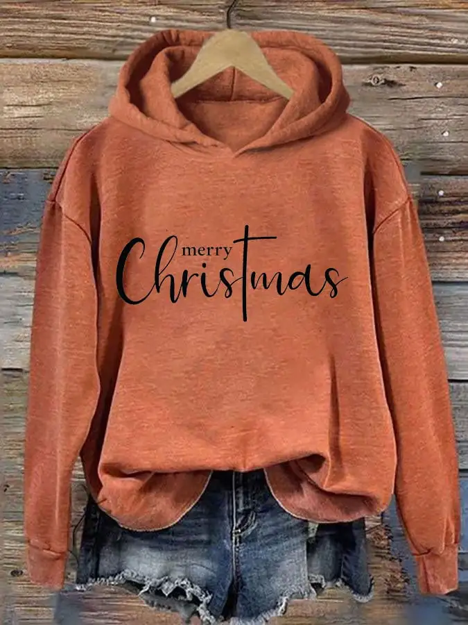 Women's Merry Christmas Cross Print Casual Hooded Sweatshirt