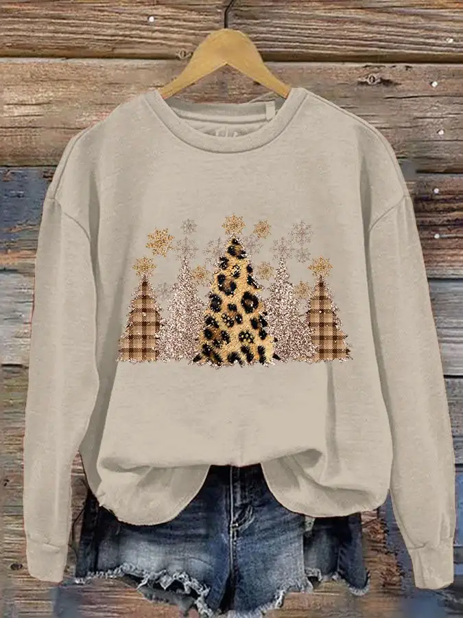 Women's Leopard Check Christmas Tree Print Crew Neck Sweatshirt