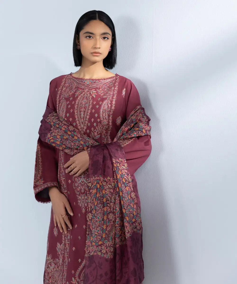 3 Piece - Embroidered Cotton Satin Suit