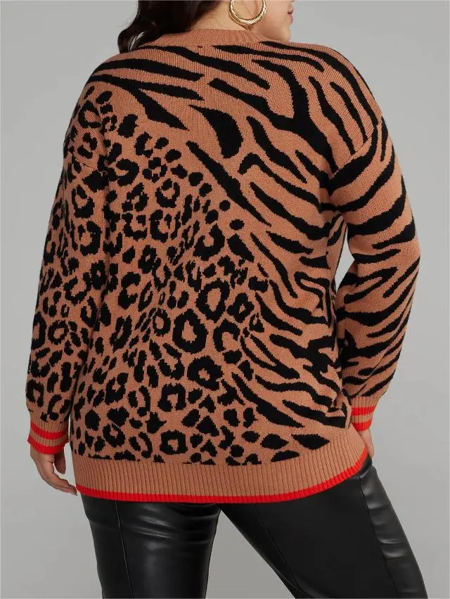 Striped Trim Animal Print Cardigan