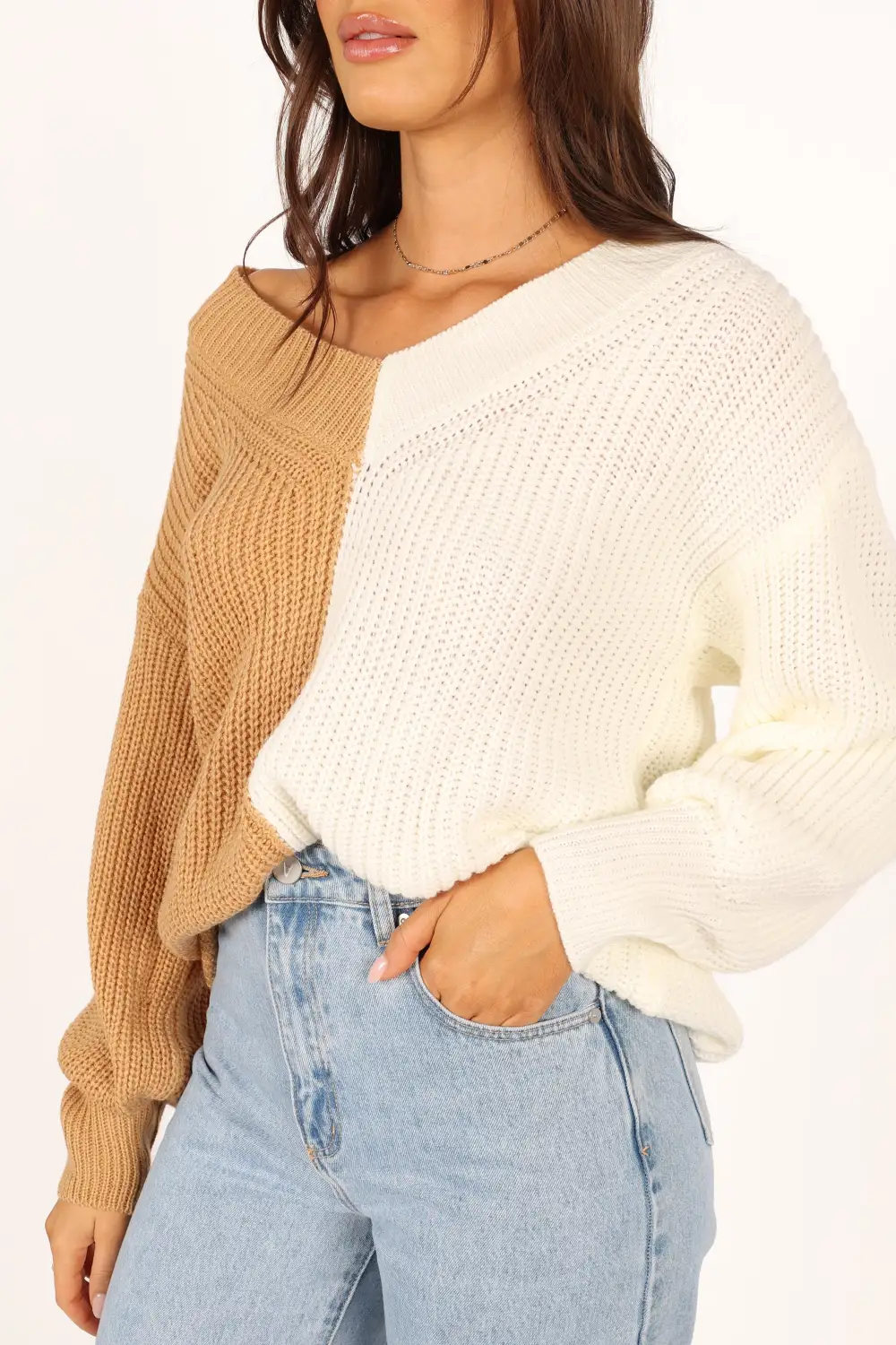 Victoria Two Tone Vneck Knit Sweater - Beige Multi