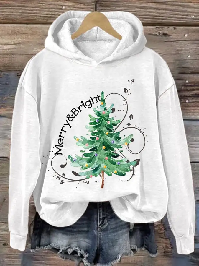 Women's Merry And Bright Christmas Tree Casual Hoodie