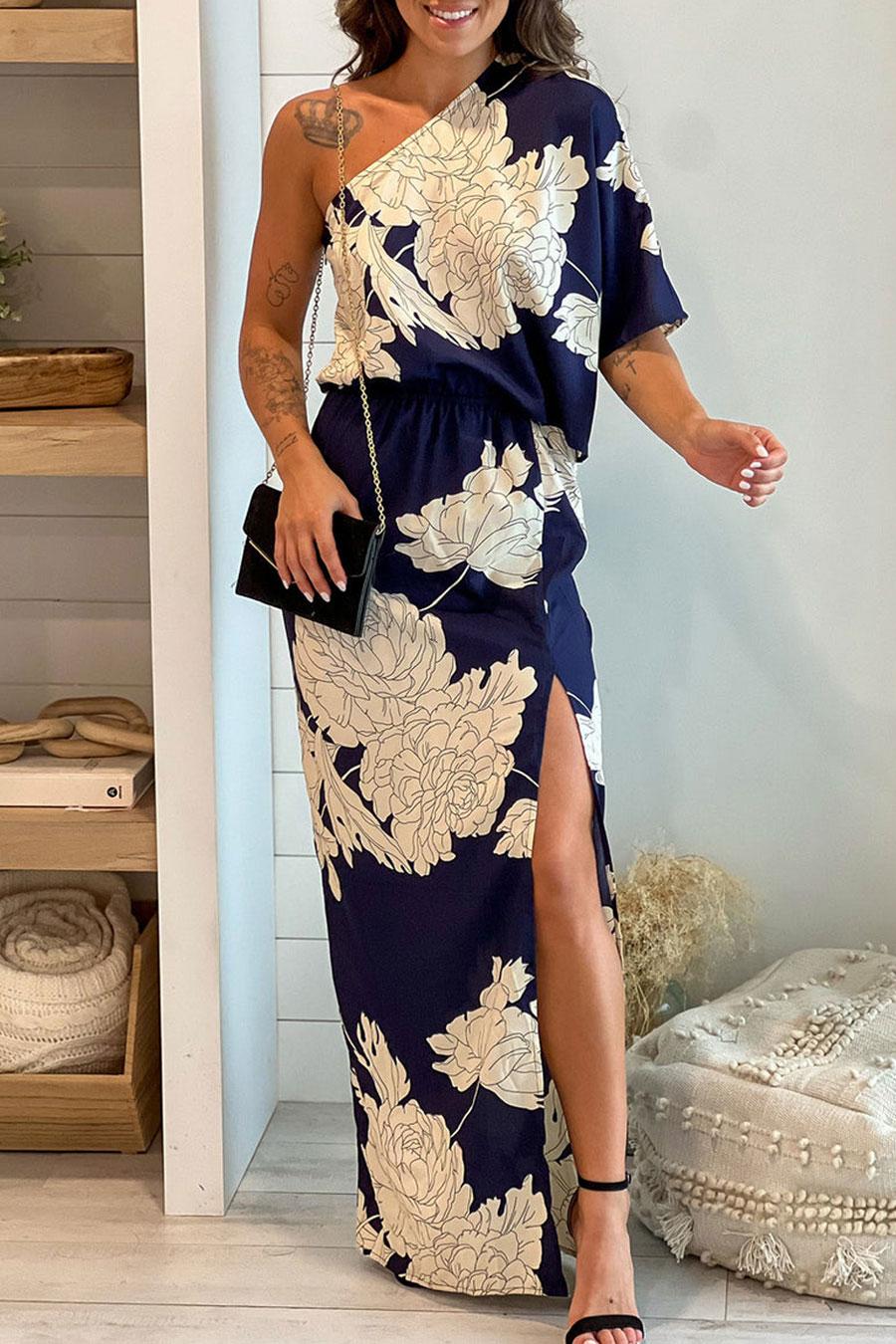 Navy And White One Shoulder Maxi Dress With Slit