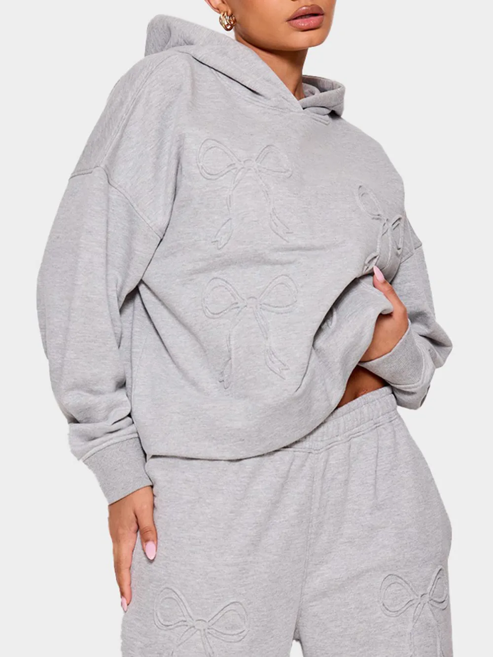 Grey Marl Embossed Bow Detail Hoodie