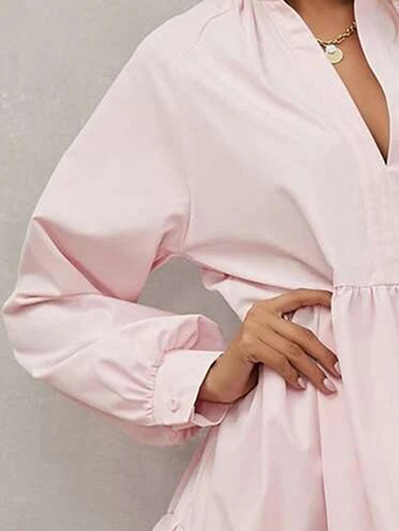 Pink Frilled Stand Collar Long Sleeve Ruffle Dress