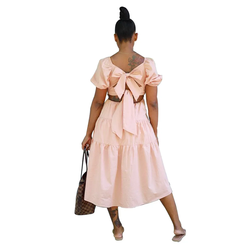 Women Summer  Lace-Up  Short Sleeve With Backside Bow Knot Midi Dress