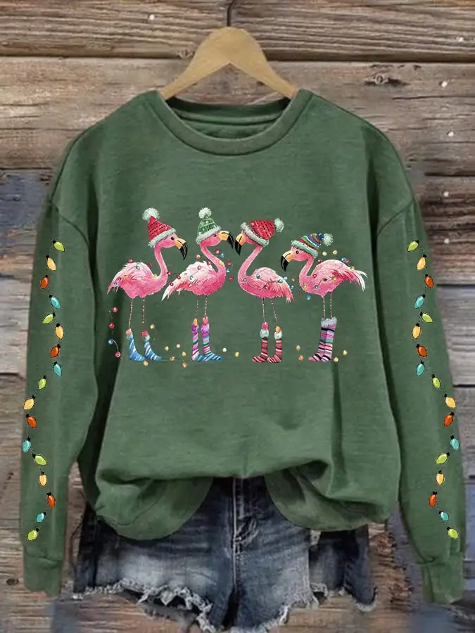 Women's Christmas Flamingo Print Crewneck Sweatshirt