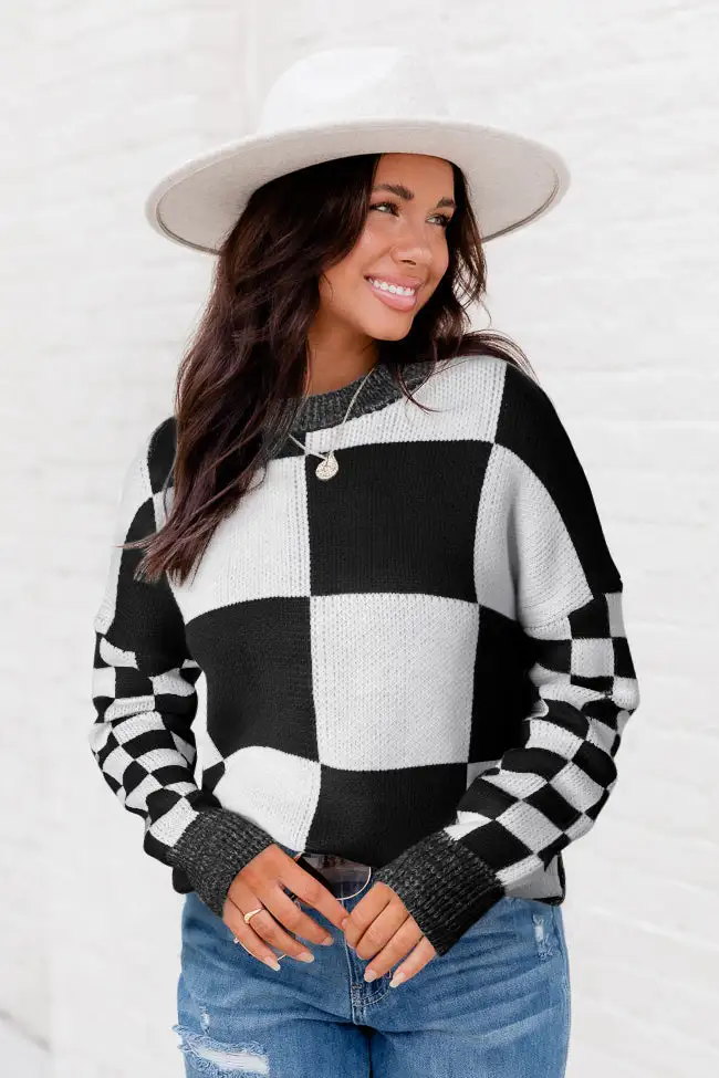 Checkered Print Drop Shoulder Sweater